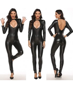 Baby Dolls & Chemises Leather Bodysuit for Women-PVC Leather Wet Look Bodycon Clubwear-Zipper Naughty Negligee Teddy Jumpsuit...