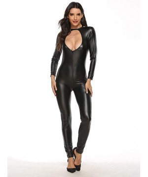 Baby Dolls & Chemises Leather Bodysuit for Women-PVC Leather Wet Look Bodycon Clubwear-Zipper Naughty Negligee Teddy Jumpsuit...