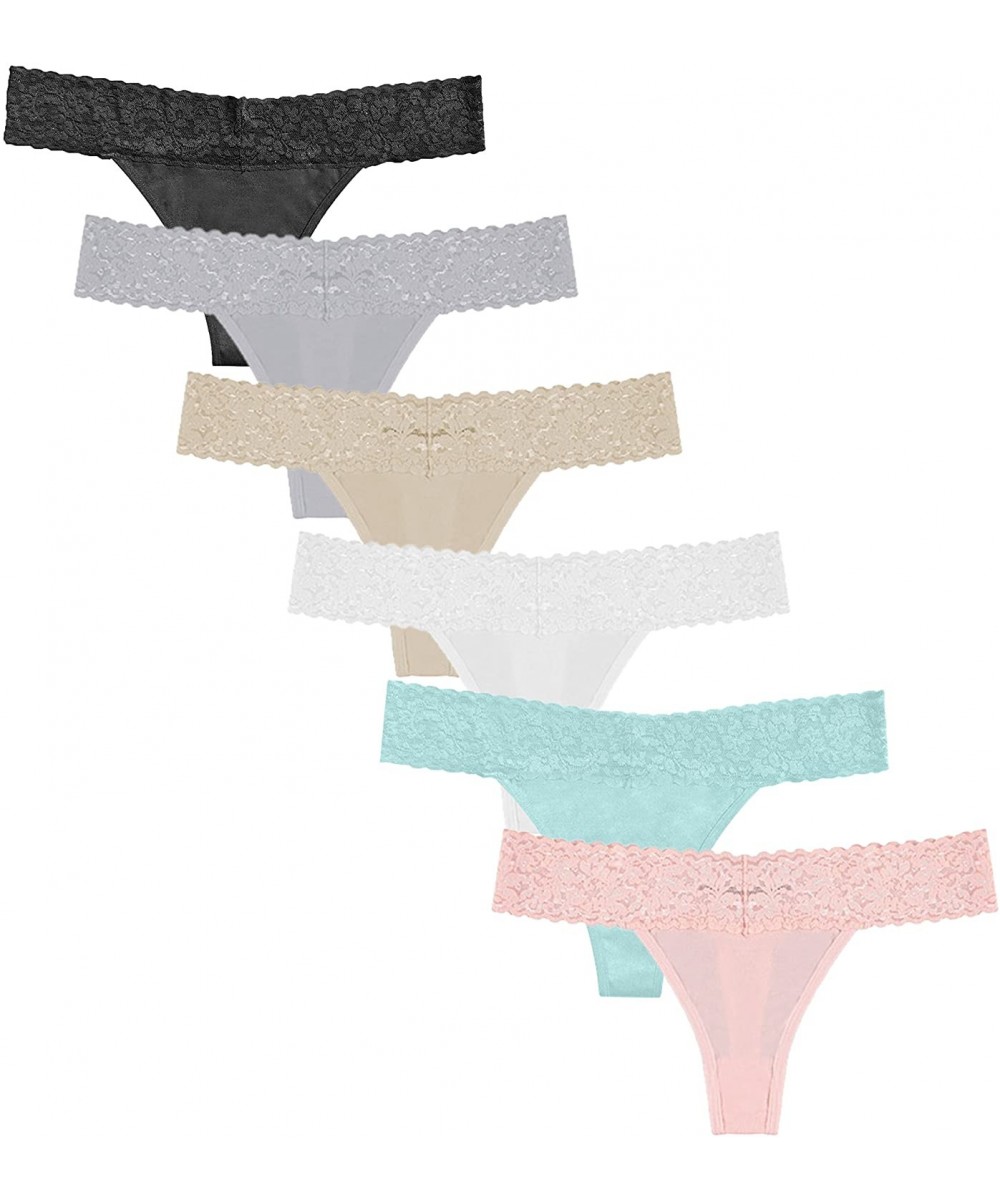 Panties 6 Pack Women's Underwear - Lace Band Cotton Thong Panties - Baby Pink- Beige- Black- Grey- Mint- White - C5183D4MHWS