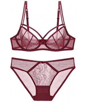 Bras Girls Sheer Eyelash Lace and Mesh Panel Underwire Bra and Panty Set - Darkred - CS184S9QNKK