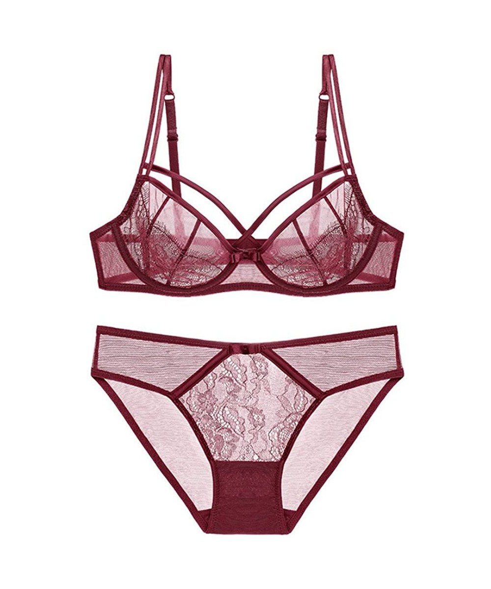 Bras Girls Sheer Eyelash Lace and Mesh Panel Underwire Bra and Panty Set - Darkred - CS184S9QNKK