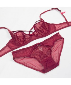 Bras Girls Sheer Eyelash Lace and Mesh Panel Underwire Bra and Panty Set - Darkred - CS184S9QNKK