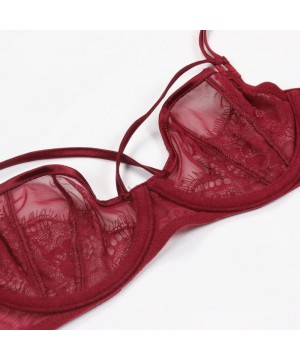 Bras Girls Sheer Eyelash Lace and Mesh Panel Underwire Bra and Panty Set - Darkred - CS184S9QNKK