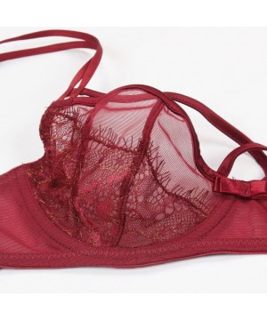 Bras Girls Sheer Eyelash Lace and Mesh Panel Underwire Bra and Panty Set - Darkred - CS184S9QNKK