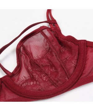 Bras Girls Sheer Eyelash Lace and Mesh Panel Underwire Bra and Panty Set - Darkred - CS184S9QNKK