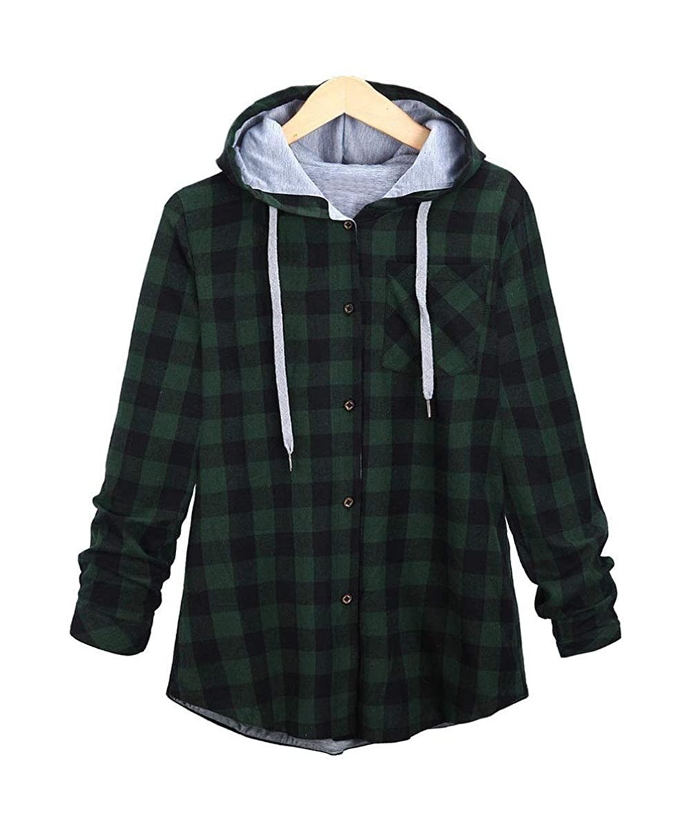 Thermal Underwear Long Sleeve Plaid Hooded Cardigan Women Jacket Blouse - Green - CG18I5U85MG