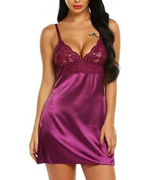 Baby Dolls & Chemises Women's Satin Nightgown Sexy Lingerie Lace Teddy Chemises Slip Sleepwear Babydoll Bodysuit - Purple - C...