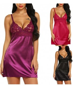 Baby Dolls & Chemises Women's Satin Nightgown Sexy Lingerie Lace Teddy Chemises Slip Sleepwear Babydoll Bodysuit - Purple - C...