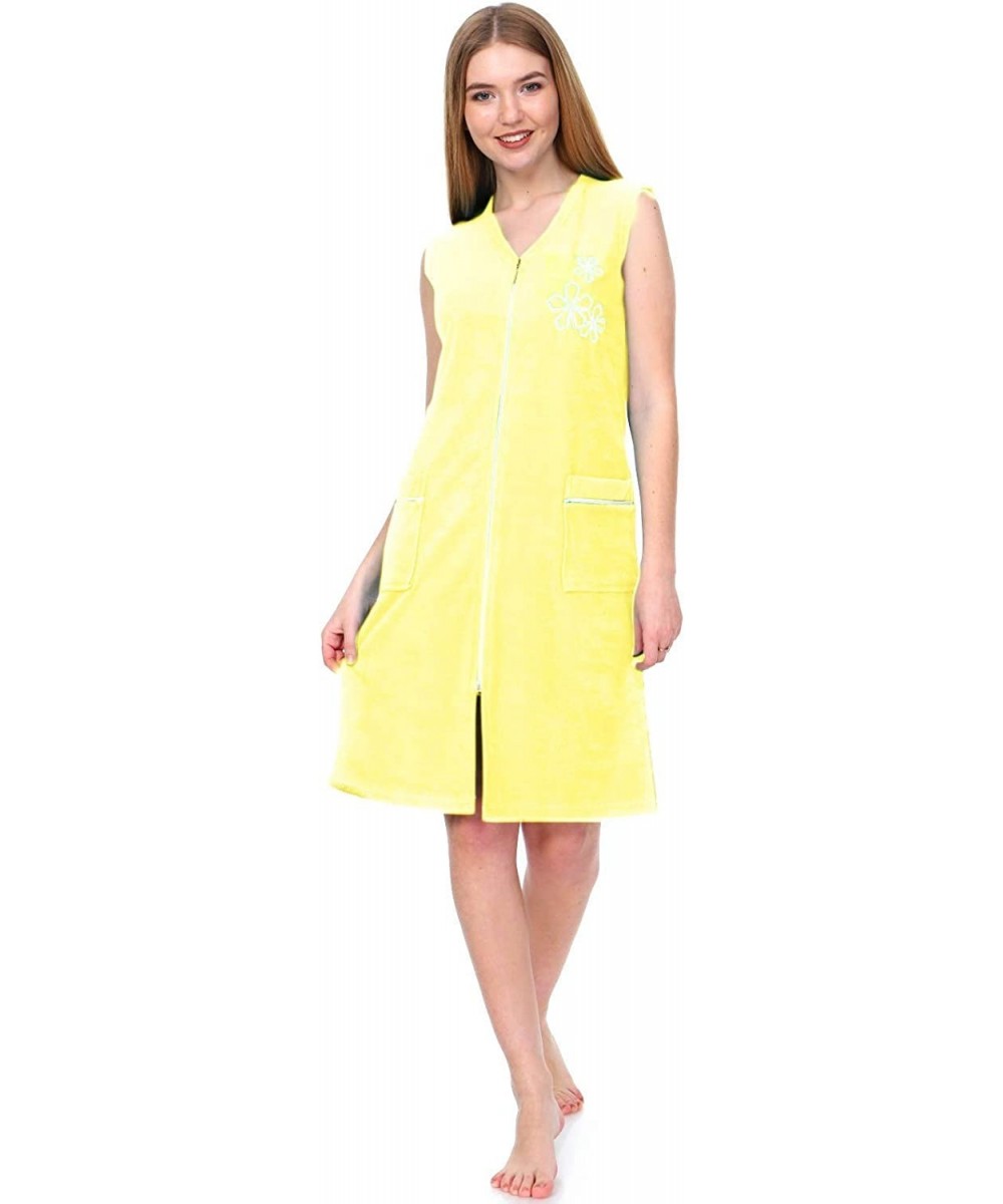 Robes Women's Terry Cotton Zipper Front Sleeveless Two Pocket Robe Sleepwear Beach Dress House Dress - Yellow - CU18O8047N9