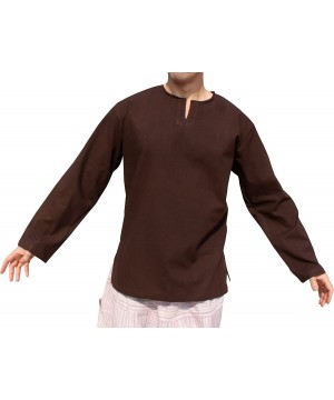 Sleep Tops Soft Summer Cotton Open Thai Farmers Collar Long Sleeve Shirt - Bistre Brown - CN18KR46MK6