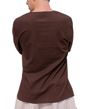 Sleep Tops Soft Summer Cotton Open Thai Farmers Collar Long Sleeve Shirt - Bistre Brown - CN18KR46MK6