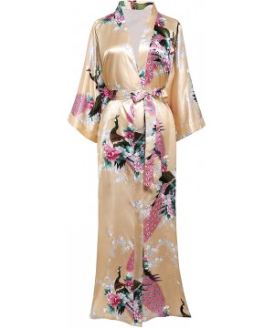 Robes Women's Kimono Robe Long Robes with Peacock and Blossoms Printed Kimono Nightgown - Champagne - CS190HNQ7SE