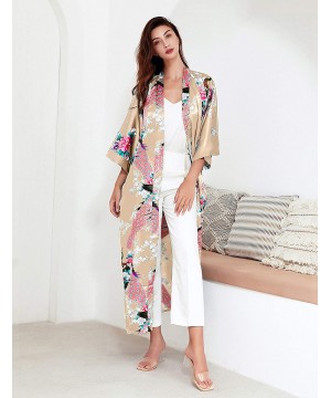 Robes Women's Kimono Robe Long Robes with Peacock and Blossoms Printed Kimono Nightgown - Champagne - CS190HNQ7SE