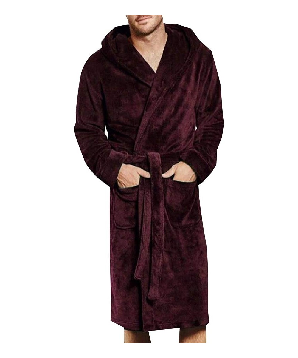 Robes Mens Fashion Long Sleeve Fleece Solid Front Open Plush Collar Shawl Bathrobe - Wine Red - CR1943XSKXN