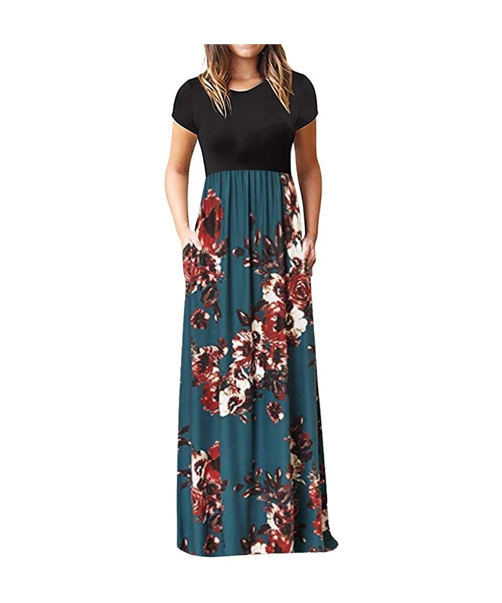 Garters & Garter Belts Women's Casual Loose Short Sleeve Floral Maxi Dresses with Pockets - Blue E - CI18T9ISD7Z