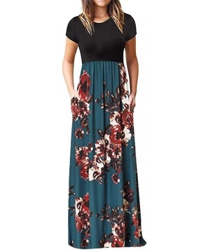 Garters & Garter Belts Women's Casual Loose Short Sleeve Floral Maxi Dresses with Pockets - Blue E - CI18T9ISD7Z