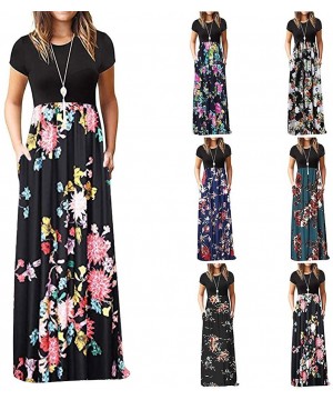 Garters & Garter Belts Women's Casual Loose Short Sleeve Floral Maxi Dresses with Pockets - Blue E - CI18T9ISD7Z