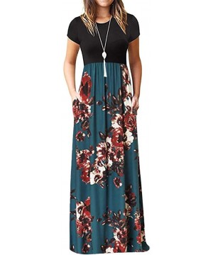 Garters & Garter Belts Women's Casual Loose Short Sleeve Floral Maxi Dresses with Pockets - Blue E - CI18T9ISD7Z