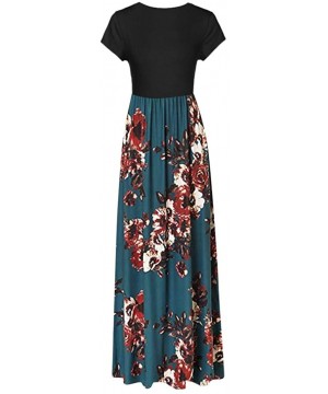 Garters & Garter Belts Women's Casual Loose Short Sleeve Floral Maxi Dresses with Pockets - Blue E - CI18T9ISD7Z