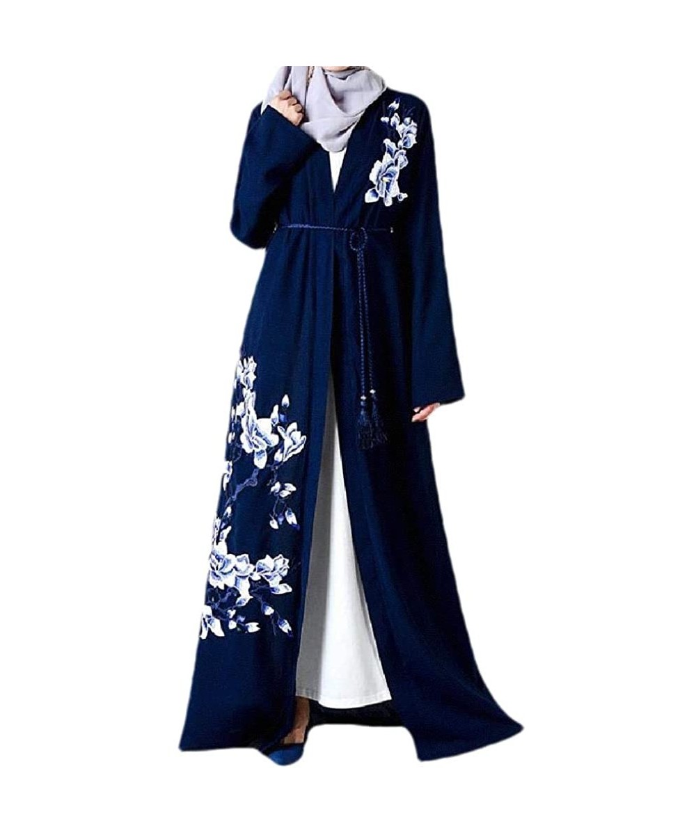 Robes Women Arab Muslim Islamic Trendy Dubai Embroidered Kaftan Maxi Dress - Navy Blue - C4199N5ATMK