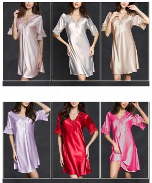 Nightgowns & Sleepshirts V Neck Sleepdress Ice Silk Short Sleeve Lace Skirt Home Nighty Sexy Sleepwear Women Silk Lingerie Sl...