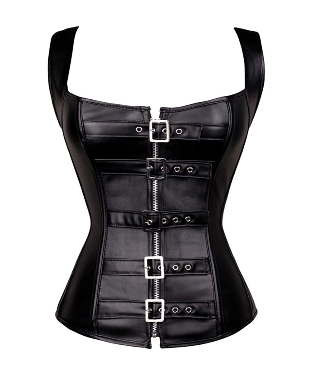 Bustiers & Corsets Women Steel Boned Bustier PU Gothic Corset Vest Buckle Up Front Back Body Shapewear - Black - CM18TOTEDX0