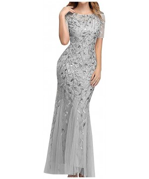 Bottoms Women's Illusion Embroidery Elegant Mermaid Evening Dress Short-Sleeve Leaf Sequin Beaded Mesh - White - CA1943RKN6R