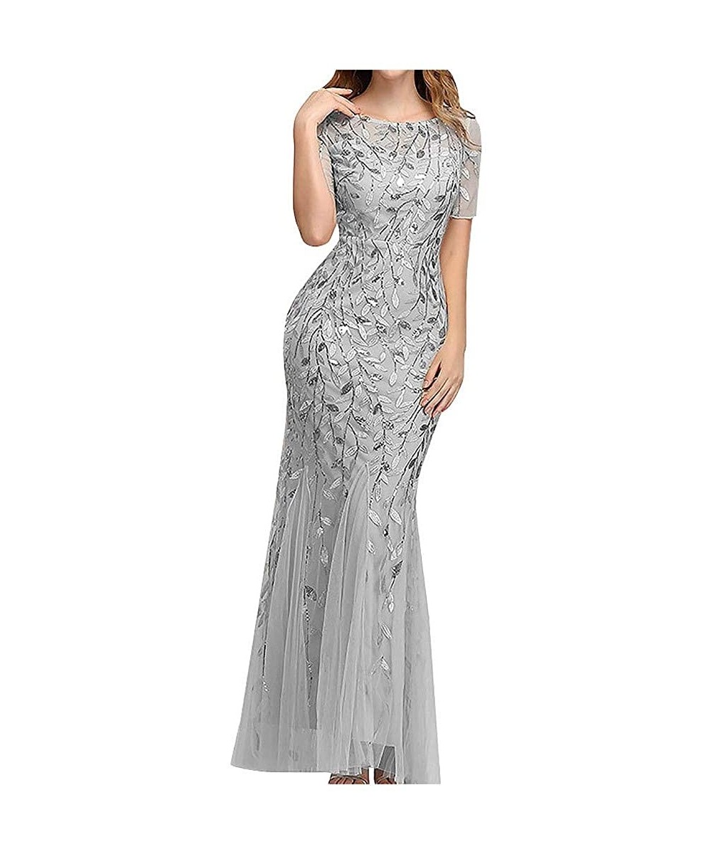 Bottoms Women's Illusion Embroidery Elegant Mermaid Evening Dress Short-Sleeve Leaf Sequin Beaded Mesh - White - CA1943RKN6R