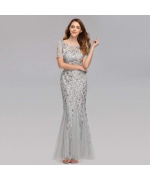 Bottoms Women's Illusion Embroidery Elegant Mermaid Evening Dress Short-Sleeve Leaf Sequin Beaded Mesh - White - CA1943RKN6R