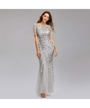 Bottoms Women's Illusion Embroidery Elegant Mermaid Evening Dress Short-Sleeve Leaf Sequin Beaded Mesh - White - CA1943RKN6R