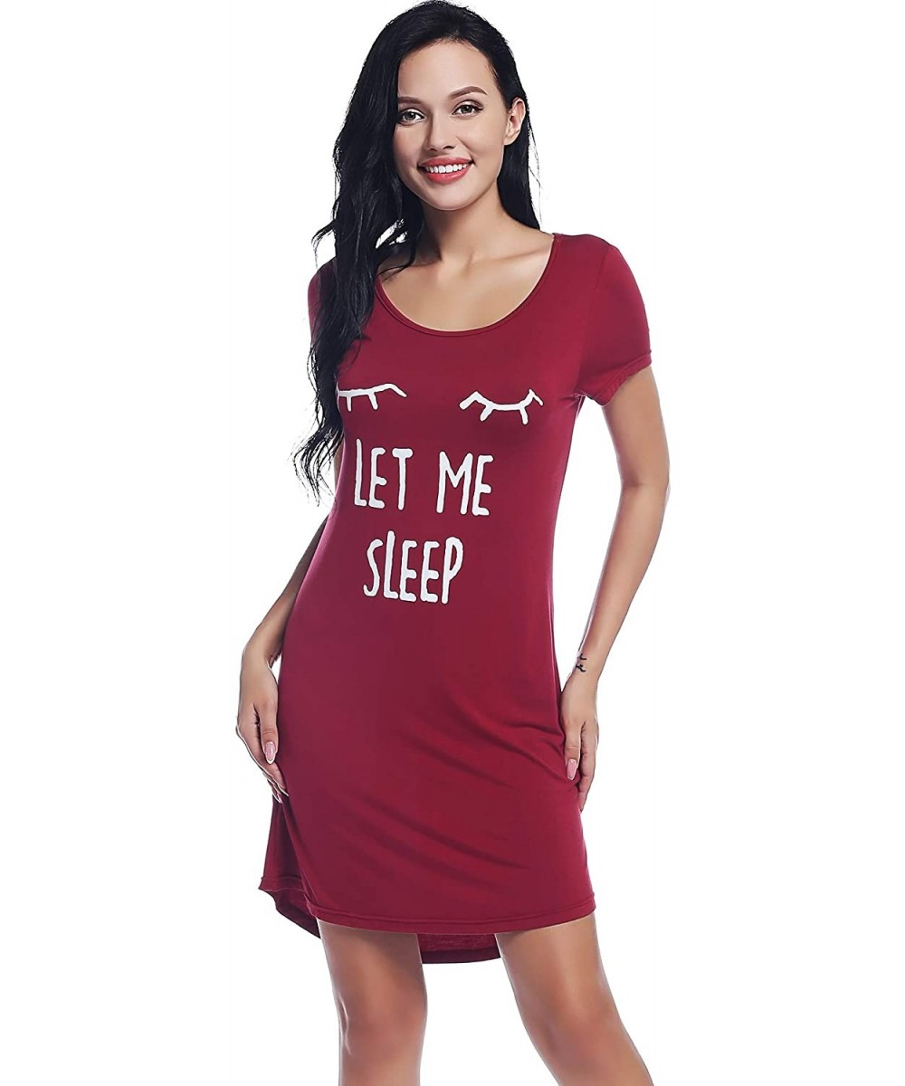 Nightgowns & Sleepshirts Womens Bamboo Sleep/Night/Pajama/Pj Shirt/Gown/Dress - Short Sleeve/Letter Print - Wine Red - C8199A...