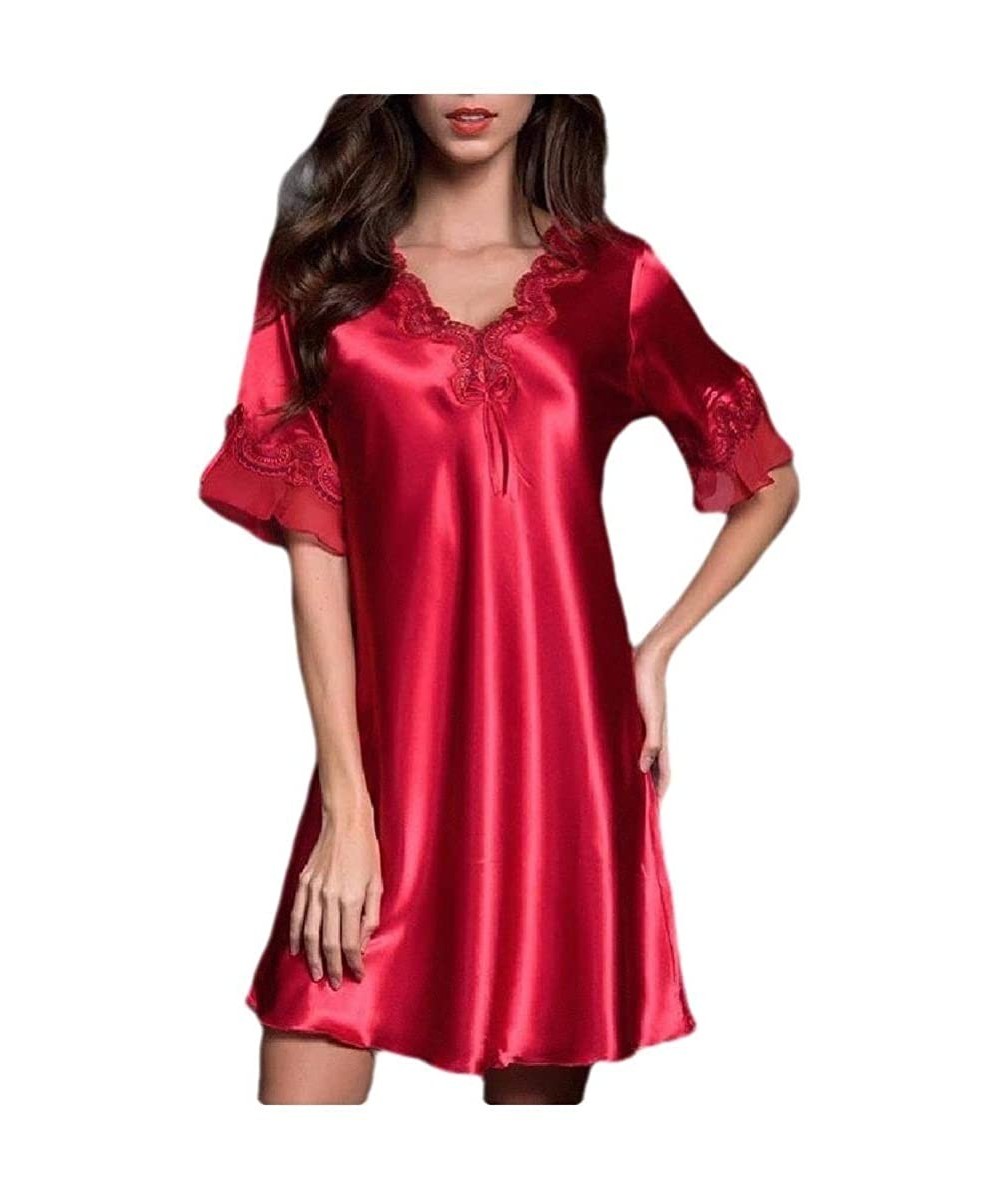 Nightgowns & Sleepshirts Womens Pajamas Charmeuse Plus-Size Casual Short-Sleeve Sleep Dress Red S - CX18ZC7K372