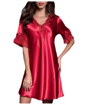 Nightgowns & Sleepshirts Womens Pajamas Charmeuse Plus-Size Casual Short-Sleeve Sleep Dress Red S - CX18ZC7K372