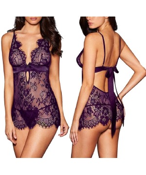 Baby Dolls & Chemises Women Sexy Lingerie Black Eyelash Lace Chemise Babydoll Nightwear - Purple - CV18EY5IRAX