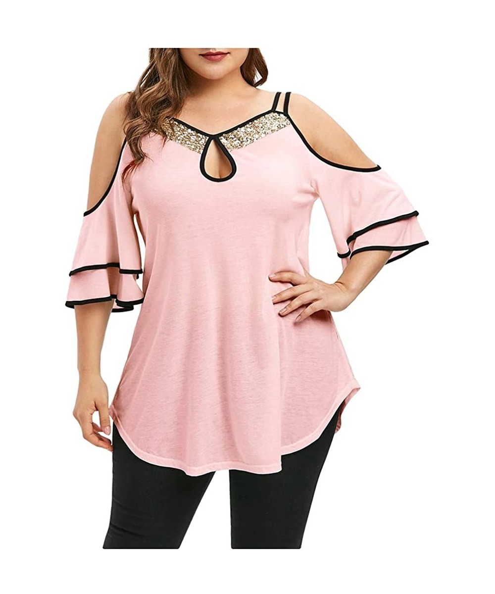 Shapewear Womens Tops-Fashion Women Summer Casual Strap Leaky Shoulder Sequin Short Sleeve t-Shirt - Pink - C7193LNATOW