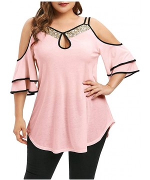 Shapewear Womens Tops-Fashion Women Summer Casual Strap Leaky Shoulder Sequin Short Sleeve t-Shirt - Pink - C7193LNATOW