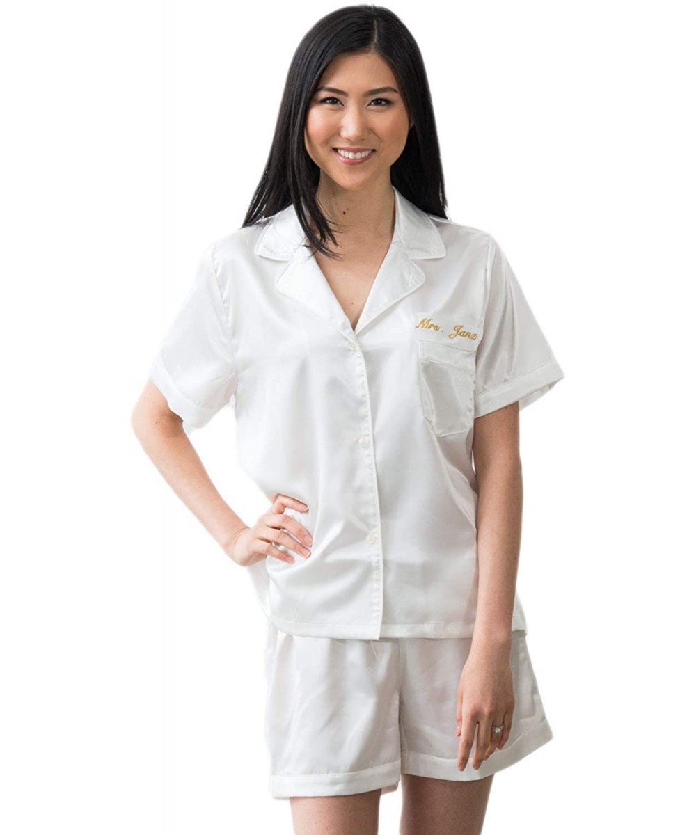 Sets Women's Personalized Satin Pajama Sleepwear Set Shorties and Shirt - White - C118UK087NO