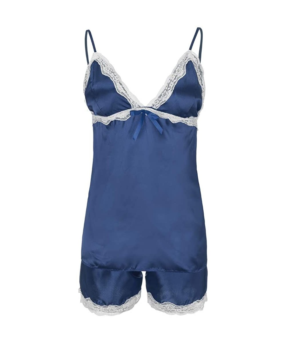 Sets 2 Pieces Women Satin Sexy Lingerie Set Sleepwear Babydoll Cami and Shorts Nightwear Pajamas - Blue - C218SIW8M72