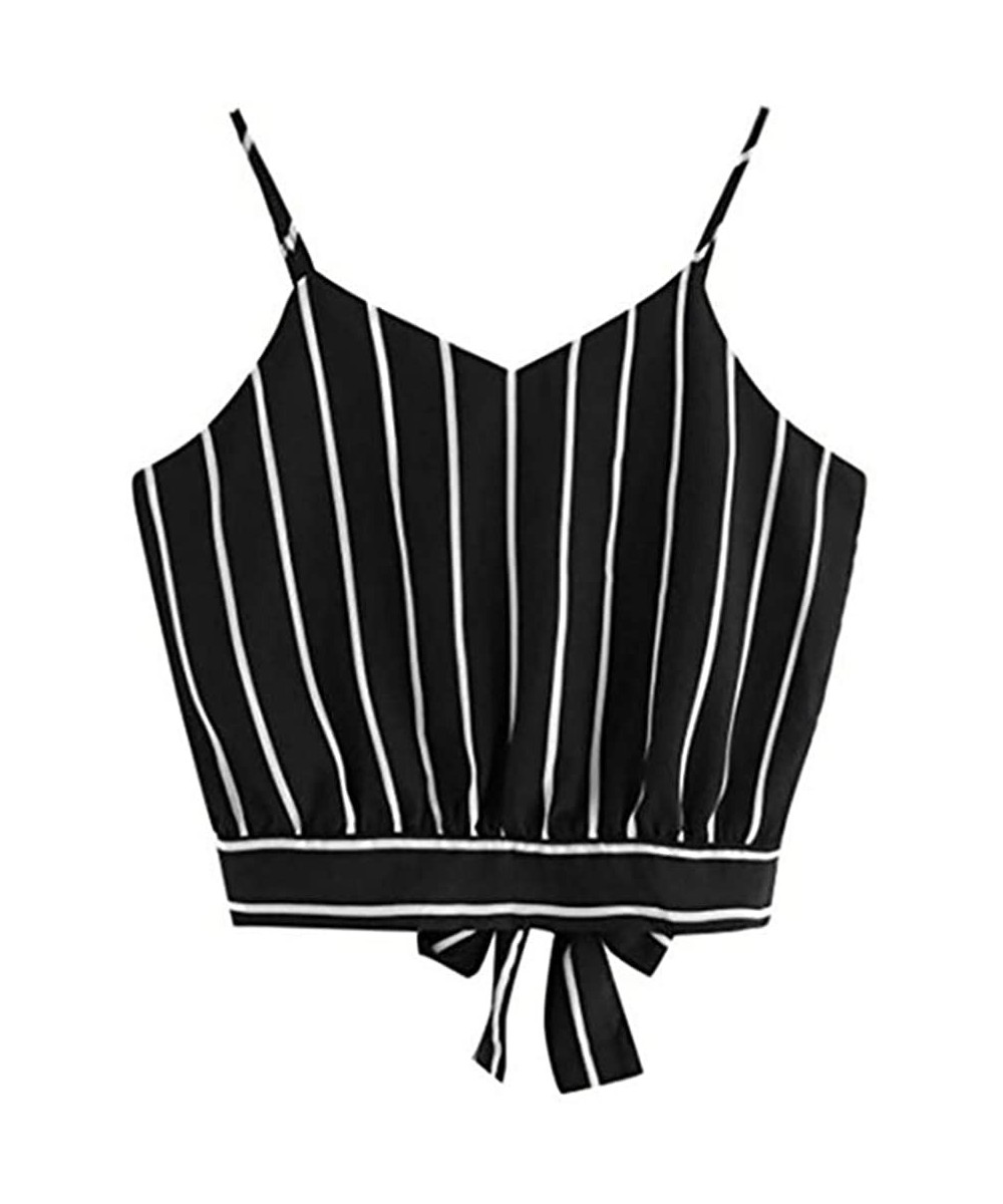 Tops Women Tank Tops- Women's Slim Self Tie Back Striped Crop Cami Top Camisole Blouse - Black - CG18QK5L838