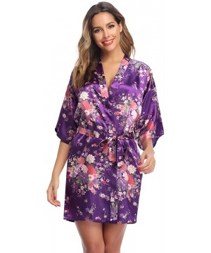 Robes Women's Floral Satin Robe Short Silk Bridesmaid Bathrobe Dressing Gown Wedding Kimono Sleepwear - Dark Purple - CU18WU6...