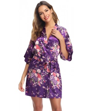 Robes Women's Floral Satin Robe Short Silk Bridesmaid Bathrobe Dressing Gown Wedding Kimono Sleepwear - Dark Purple - CU18WU6...