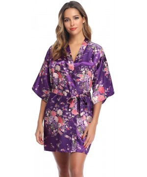 Robes Women's Floral Satin Robe Short Silk Bridesmaid Bathrobe Dressing Gown Wedding Kimono Sleepwear - Dark Purple - CU18WU6...