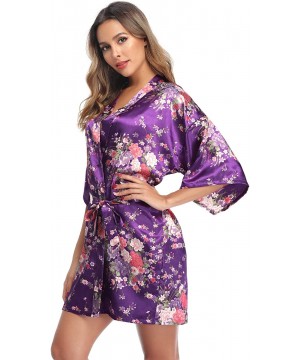 Robes Women's Floral Satin Robe Short Silk Bridesmaid Bathrobe Dressing Gown Wedding Kimono Sleepwear - Dark Purple - CU18WU6...