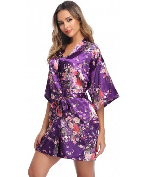 Robes Women's Floral Satin Robe Short Silk Bridesmaid Bathrobe Dressing Gown Wedding Kimono Sleepwear - Dark Purple - CU18WU6...