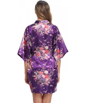 Robes Women's Floral Satin Robe Short Silk Bridesmaid Bathrobe Dressing Gown Wedding Kimono Sleepwear - Dark Purple - CU18WU6...