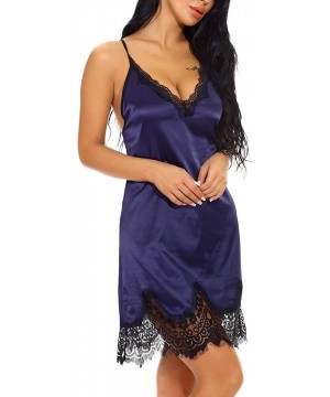 Baby Dolls & Chemises Women Lingerie Sexy Knee-Length Satin Backless Babydoll Nightwear - Navy - CZ1985RGALU