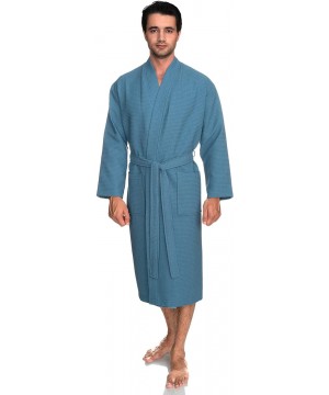 Robes Men's Robe- Kimono Waffle Spa Bathrobe - Niagara Blue - CU183RDSAXE