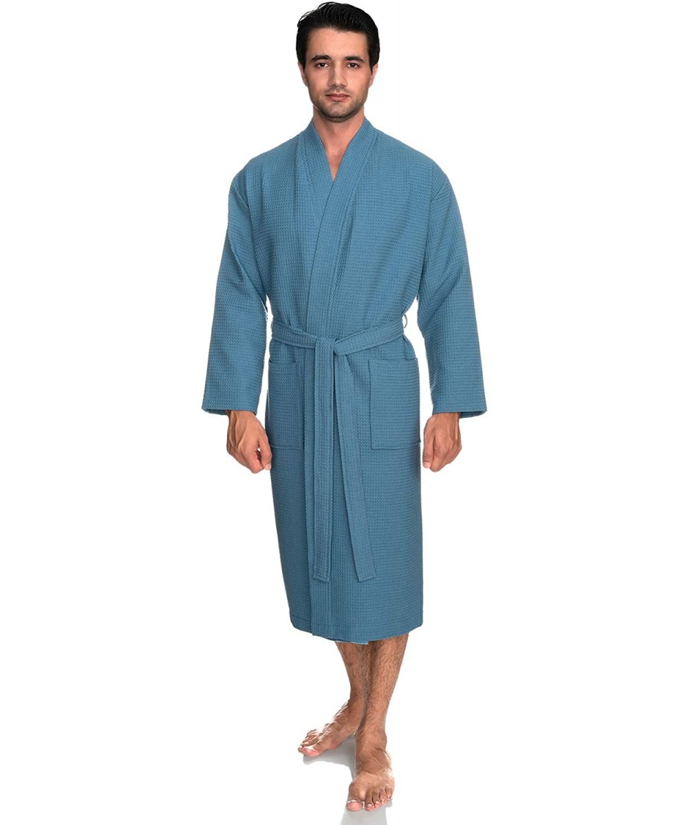 Robes Men's Robe- Kimono Waffle Spa Bathrobe - Niagara Blue - CU183RDSAXE