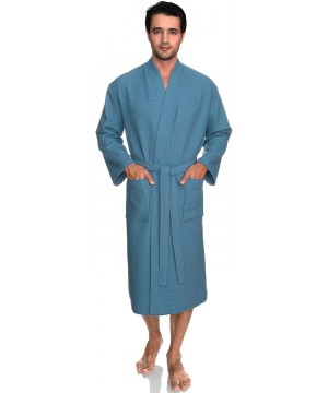 Robes Men's Robe- Kimono Waffle Spa Bathrobe - Niagara Blue - CU183RDSAXE