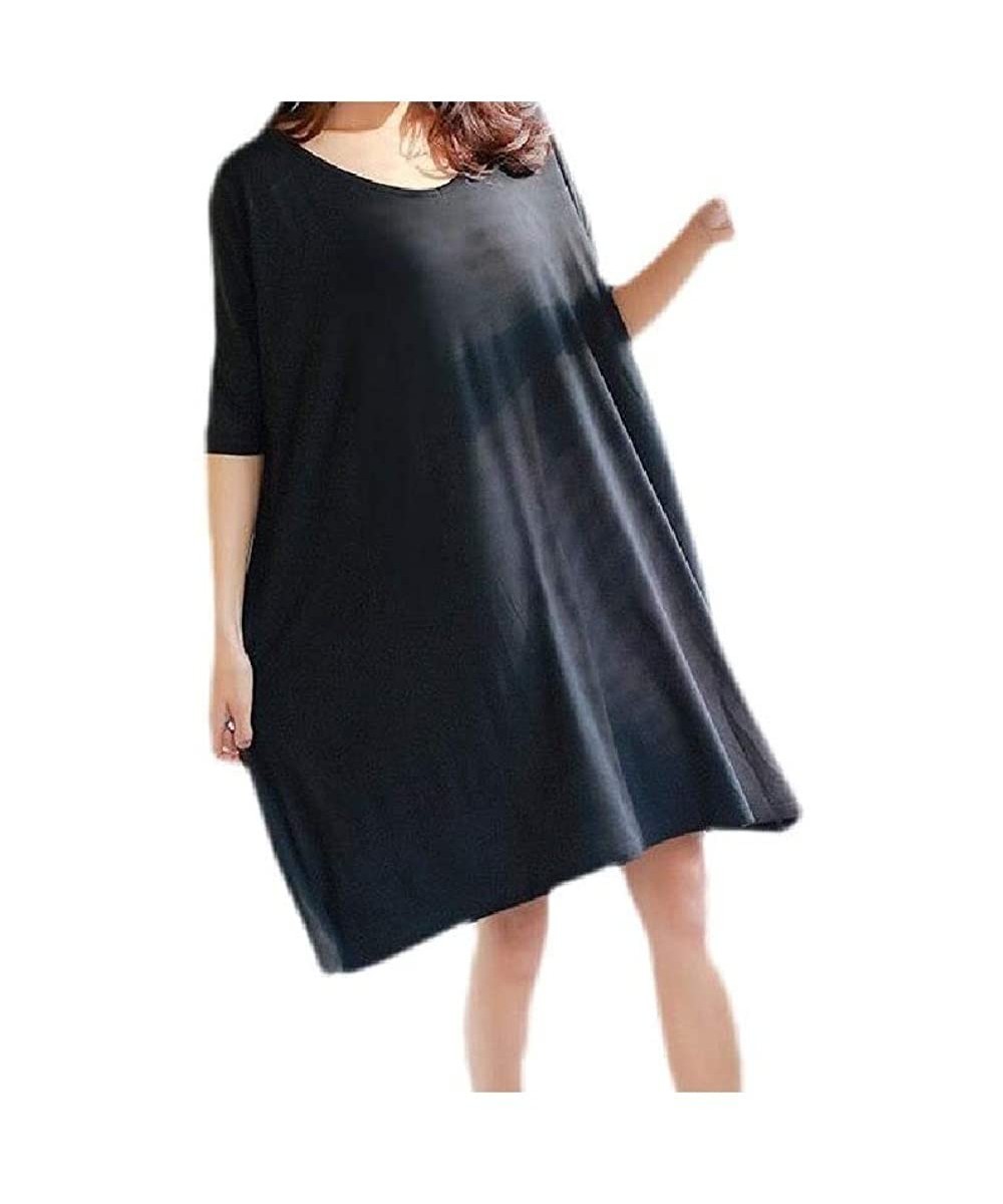 Tops Women V Neck Half Sleeve Mid-Length Pure Color Relaxed Plus-Size Loungewear - Black - CW190X0K7LY